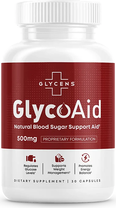 A bottle of GlycoAid natural blood sugar support capsules